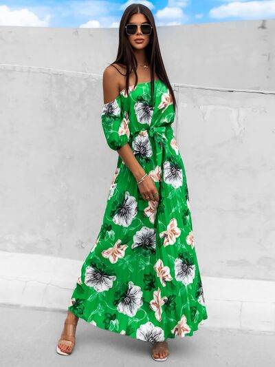 Pleated Floral Off-Shoulder Short Sleeve Midi Dress - Hovatok