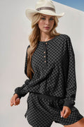 Double Take Checkered Half Button Top and Shorts Set - Hovatok