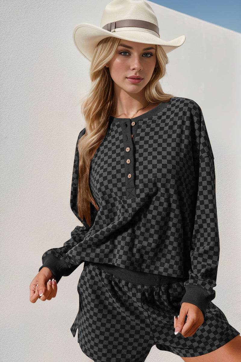 Double Take Checkered Half Button Top and Shorts Set - Hovatok