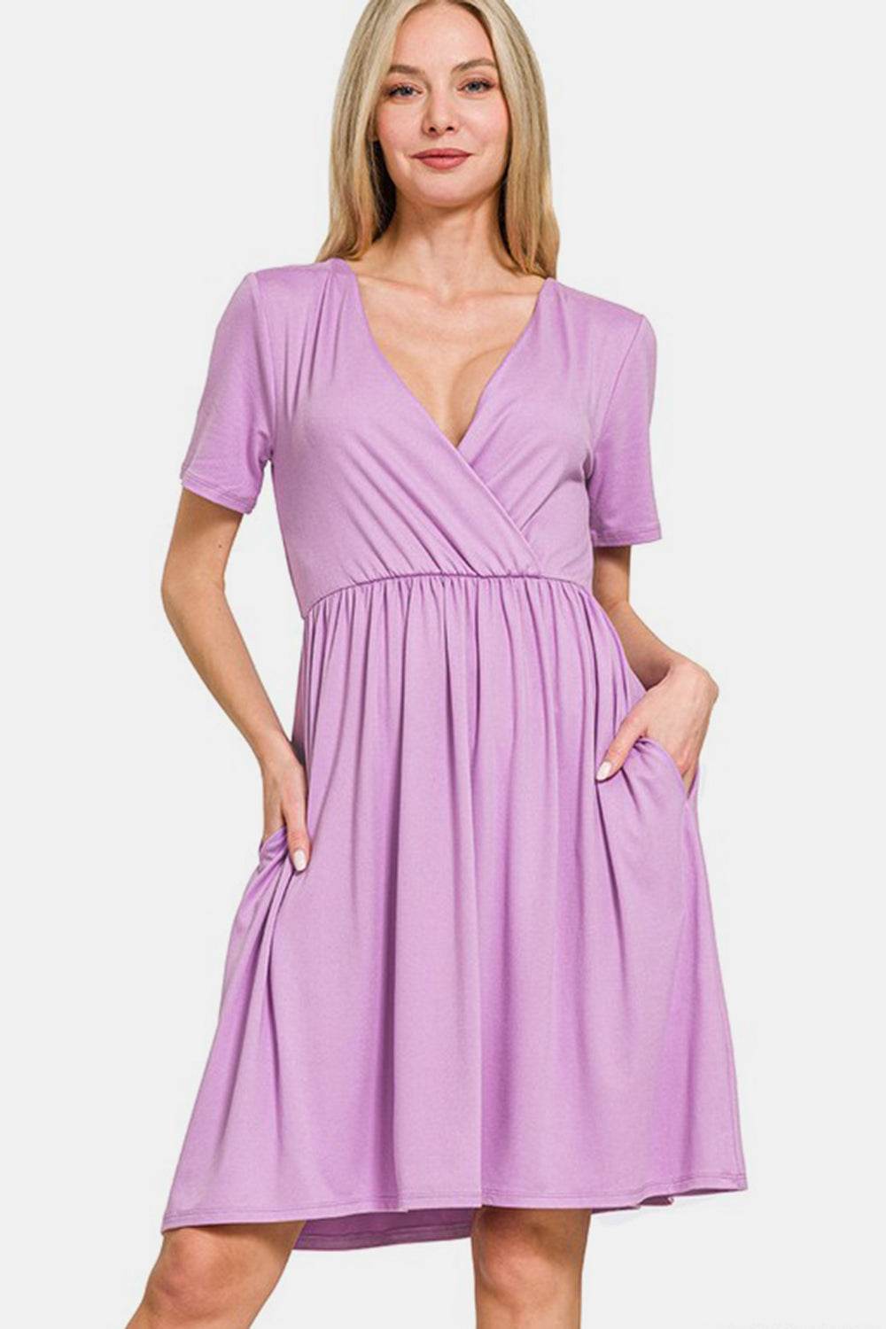Zenana Surplice Short Sleeve Brushed DTY Dress - Hovatok