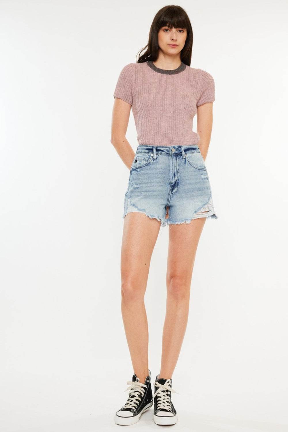 Kancan Distressed High Waist Denim Shorts with Pockets - Hovatok