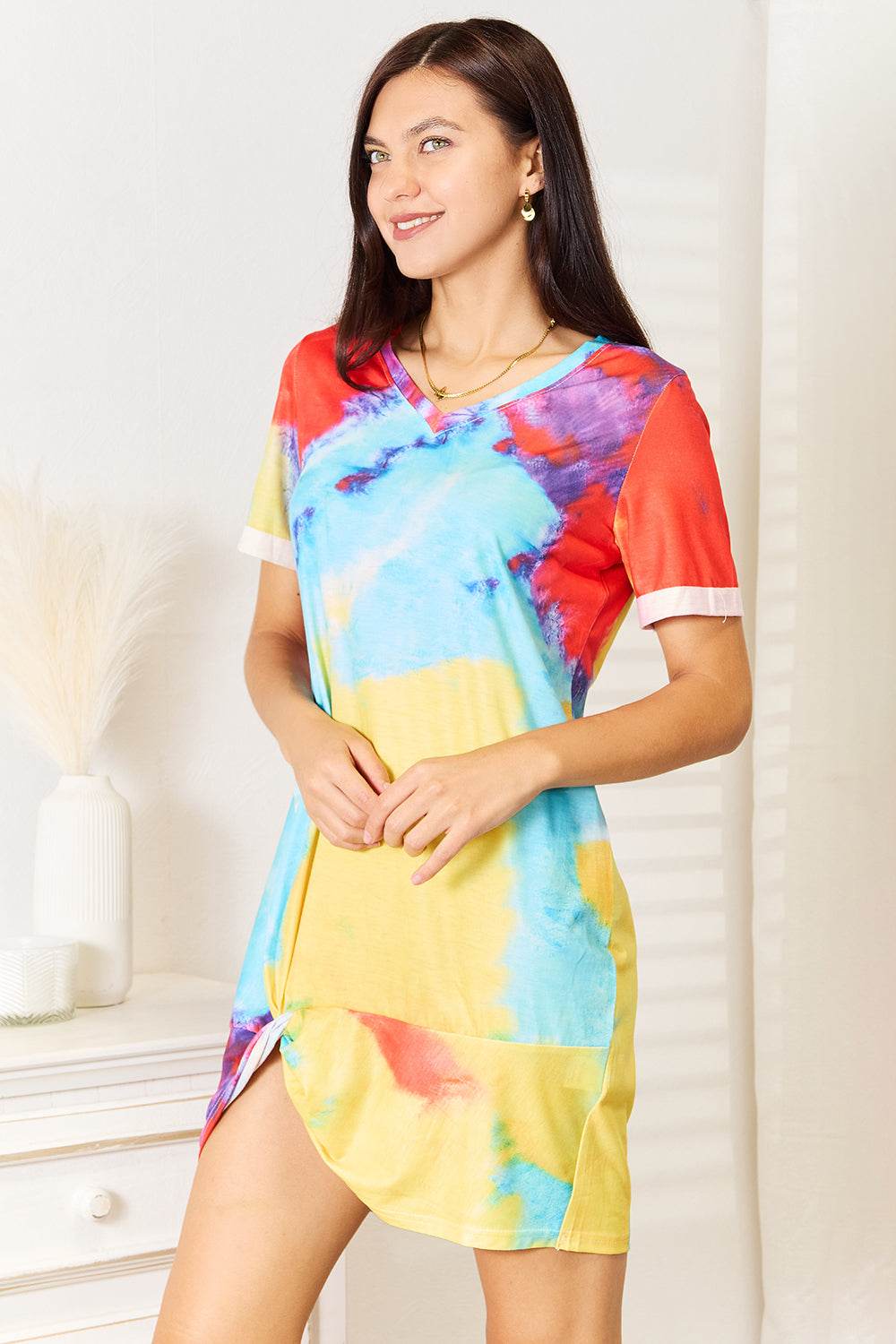 Shiny Tie-Dye V-Neck Twisted Dress - Hovatok