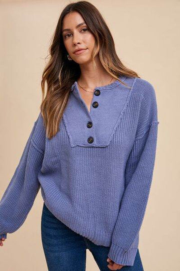 Annie Wear Half Button Ribbed Hem Sweater - Hovatok