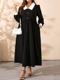 Plus Size Contrast Collared Neck Long Sleeve Midi Dress - Hovatok
