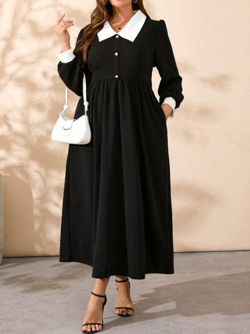 Plus Size Contrast Collared Neck Long Sleeve Midi Dress - Hovatok