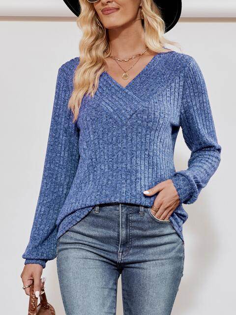 V-Neck Ribbed Long Sleeve Top - Hovatok
