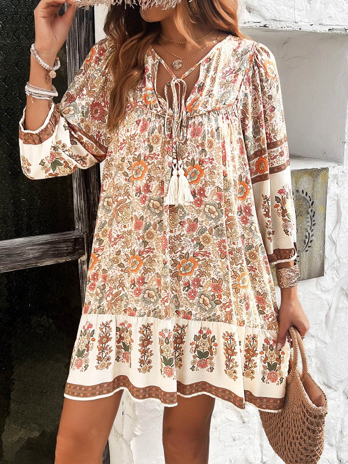 Devine Tassel Floral Tie Neck Mini Dress - Hovatok