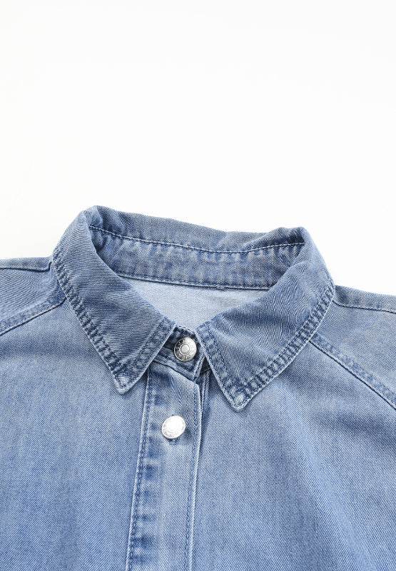 Distressed Collared Neck Flounce Sleeve Denim Dress - Hovatok