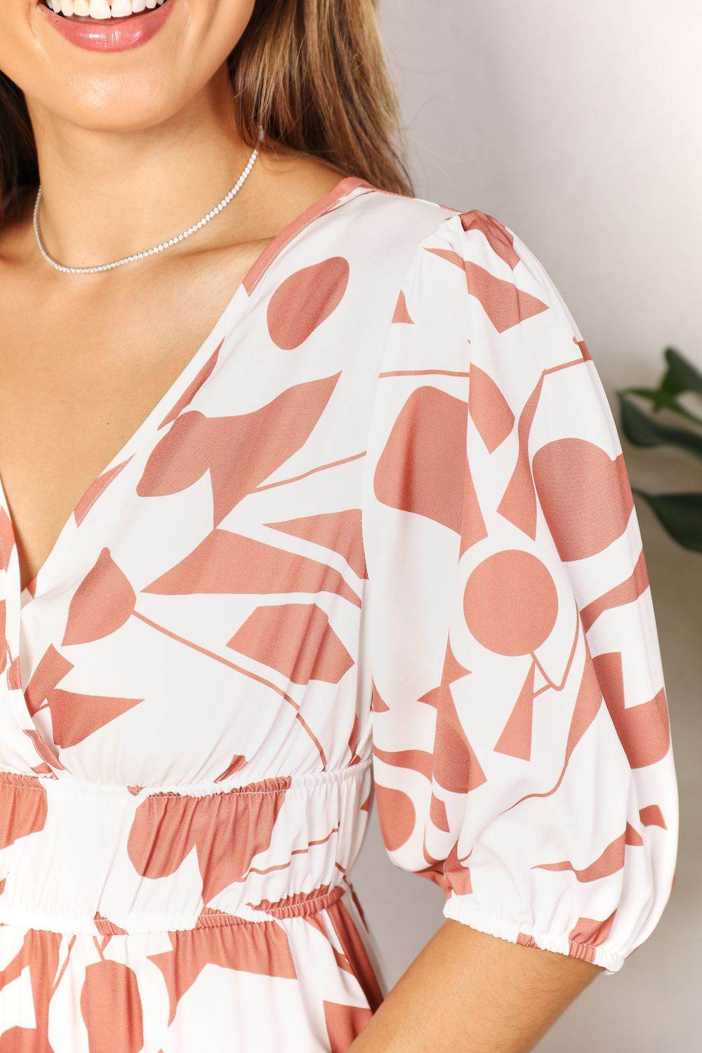 Printed Surplice Balloon Sleeve Dress - Hovatok