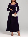 Velvet Square Neck Long Sleeve Dress - Hovatok
