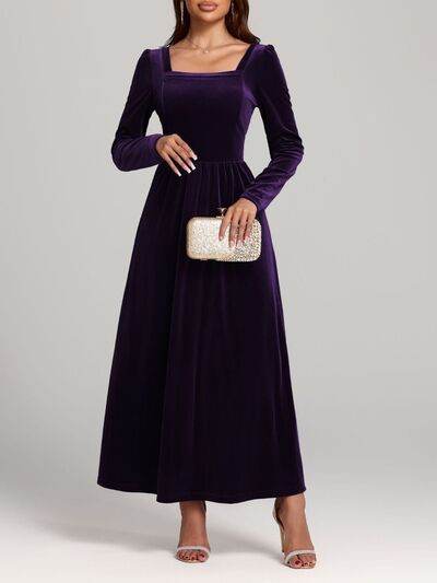 Velvet Square Neck Long Sleeve Dress - Hovatok