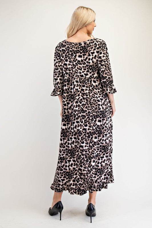 Celeste Full Size Leopard Round Neck Flounce Sleeve Dress - Hovatok