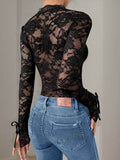 Perfee Lace V-Neck Long Sleeve Bodysuit - Hovatok