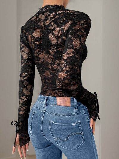 Perfee Lace V-Neck Long Sleeve Bodysuit - Hovatok
