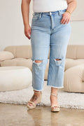 RFM Full Size Tummy Control High Waist Raw Hem Distressed Jeans - Hovatok