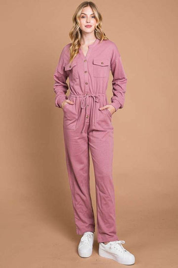 Culture Code Full Size Button Up Drawstring Waist Straight Jumpsuit - Hovatok