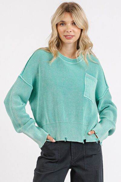 Mittoshop Distressed Hem Round Neck Dropped Shoulder Sweater - Hovatok