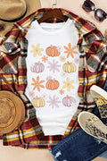 Pumpkin & Flower Round Neck Short Sleeve T-Shirt - Hovatok