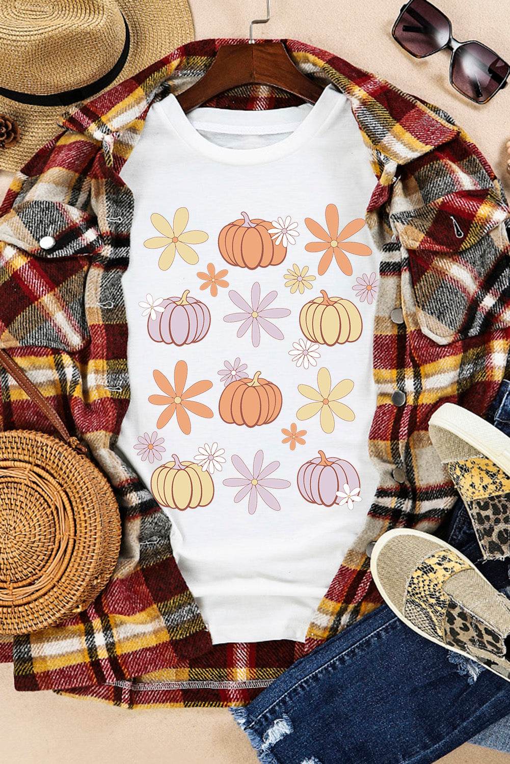 Pumpkin & Flower Round Neck Short Sleeve T-Shirt - Hovatok