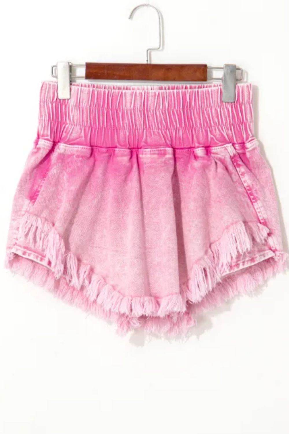 Washed Wide Smocked Waistband Frayed Denim Shorts - Hovatok