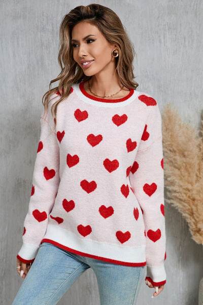 Angel Wings Contrast Trim Heart Round Neck Sweater - Hovatok