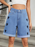 Heart-Pattern Rolled Hem Denim Shorts - Hovatok