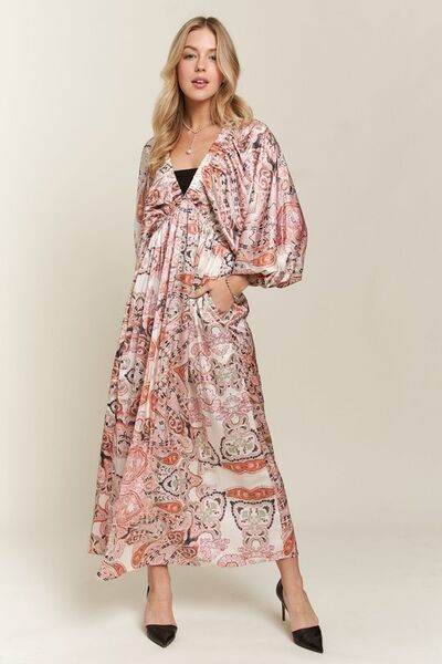 ADORA Printed V-Neck Batwing Sleeve Dress - Hovatok