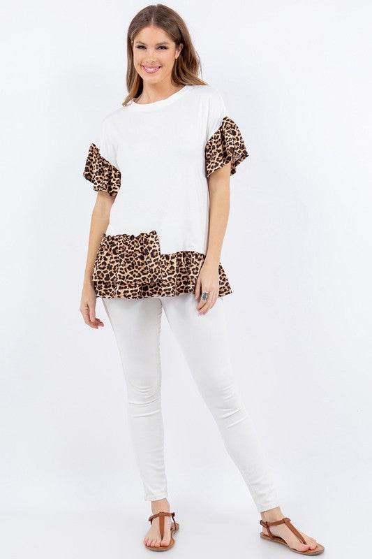 Celeste Full Size Animal Print Asymmetrical Top with Ruffle Sleeves Plus Size - Hovatok