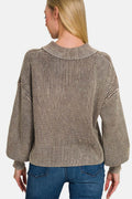 Zenana Washed Half Button Long Sleeve Sweater - Hovatok