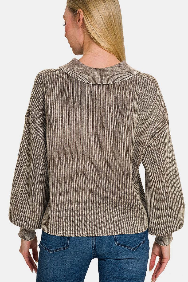 Zenana Washed Half Button Long Sleeve Sweater - Hovatok