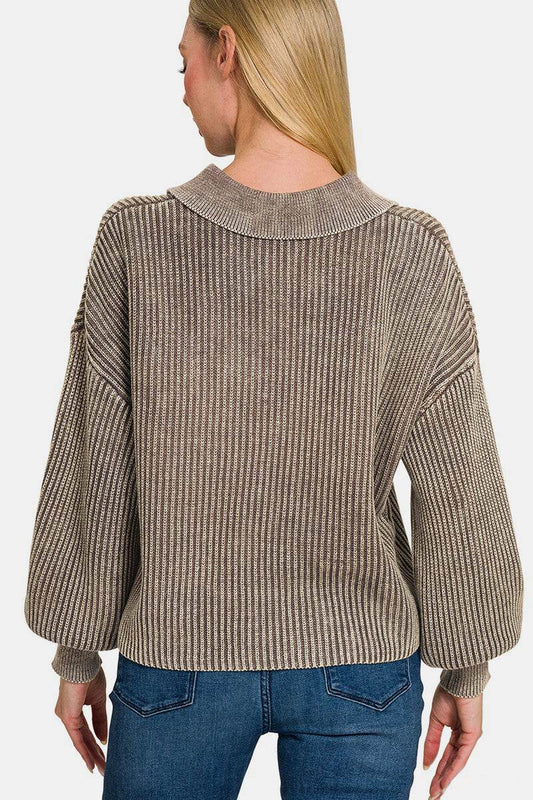 Zenana Washed Half Button Long Sleeve Sweater - Hovatok