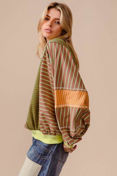 BiBi Color Block Striped Round Neck Sweatshirt - Hovatok