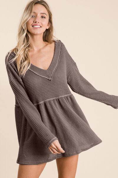 BiBi Waffle Knit V-Neck Babydoll Blouse - Hovatok