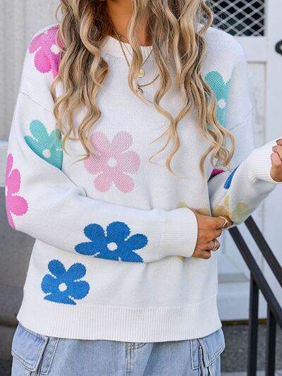 Angel Wings Flower Round Neck Long Sleeve Sweater - Hovatok