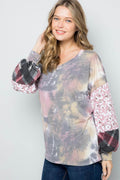 Celeste Tie-Dye V-Neck Printed Sleeve Blouse - Hovatok