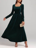 Velvet Square Neck Long Sleeve Dress - Hovatok