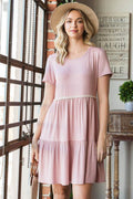 Heimish Full Size Solid Mini Tiered Dress with Pompom Lace Plus Size - Hovatok