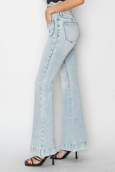 Risen Full Size High Rise Front Patch Pocket Flare Jeans - Hovatok