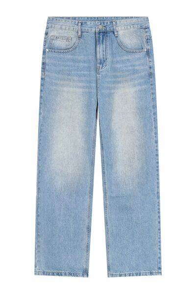 Washed Mid Rise Jeans with Pockets - Hovatok