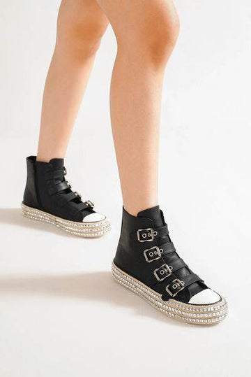 Beast Fashion Multi-Buckle Straps Studded Platform Sneakers - Hovatok