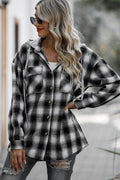 Double Take Drawstring Plaid Long Sleeve Hooded Shacket - Hovatok