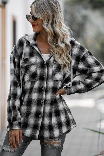 Double Take Drawstring Plaid Long Sleeve Hooded Shacket - Hovatok