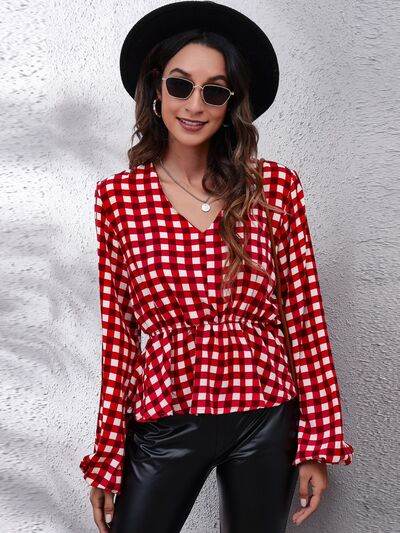 Plaid V-Neck Balloon Sleeve Peplum Blouse - Hovatok