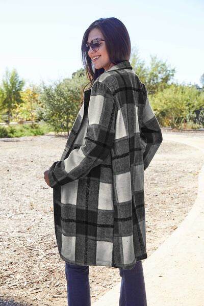 Double Take Full Size Plaid Button Up Lapel Collar Coat - Hovatok