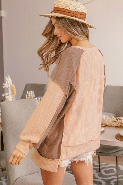 BiBi Half Button Exposed Seam Contrast Waffle Top - Hovatok
