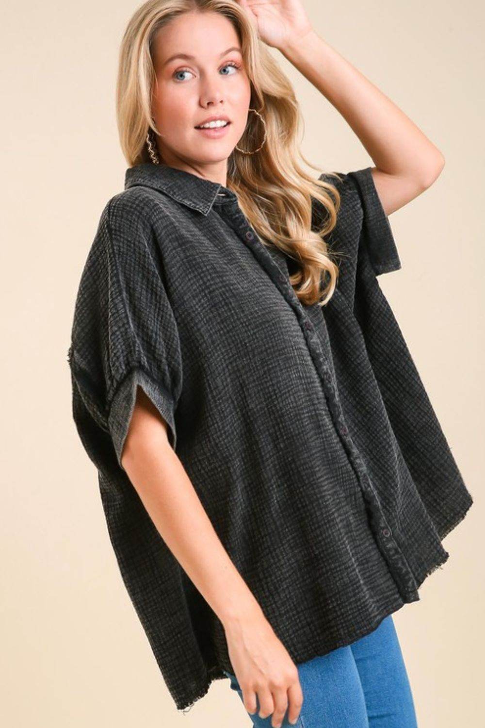 Umgee Full Size Cotton Gauze Mineral Wash Button Down Shirt Plus Size - Hovatok
