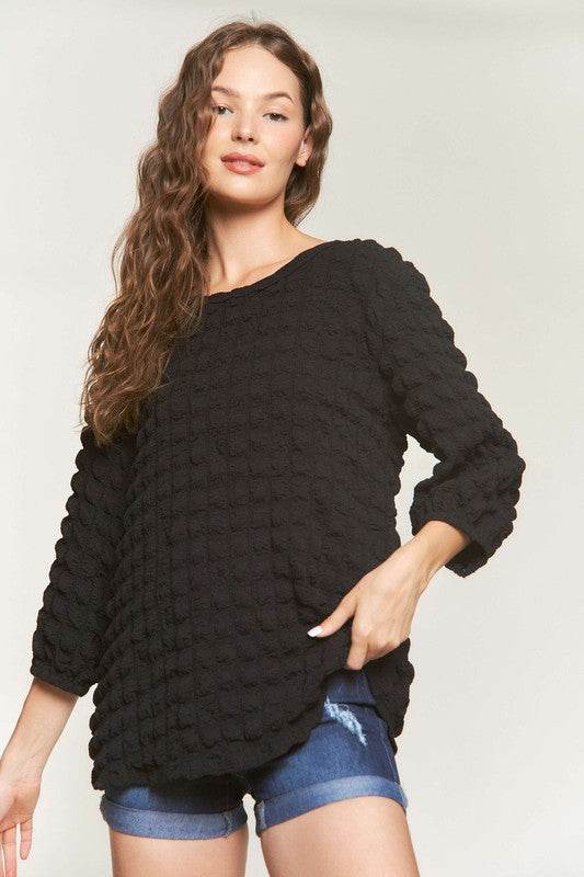ADORA Bubble Texture Round Neck Blouse - Hovatok