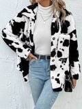 Cow Print Collared Neck Button Up Fuzzy Jacket - Hovatok