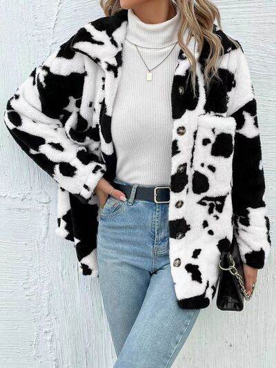 Cow Print Collared Neck Button Up Fuzzy Jacket - Hovatok