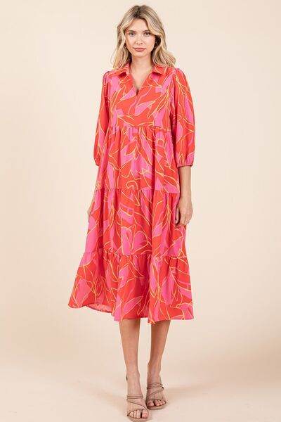 Mittoshop Tiered Printed Collared Neck Midi Dress - Hovatok
